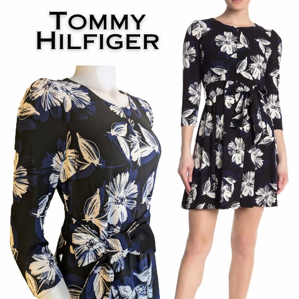 Tommy Hilfiger Fit & Flare Minidress 8 Black Blue White Floral 3/4 Sleeve NEW